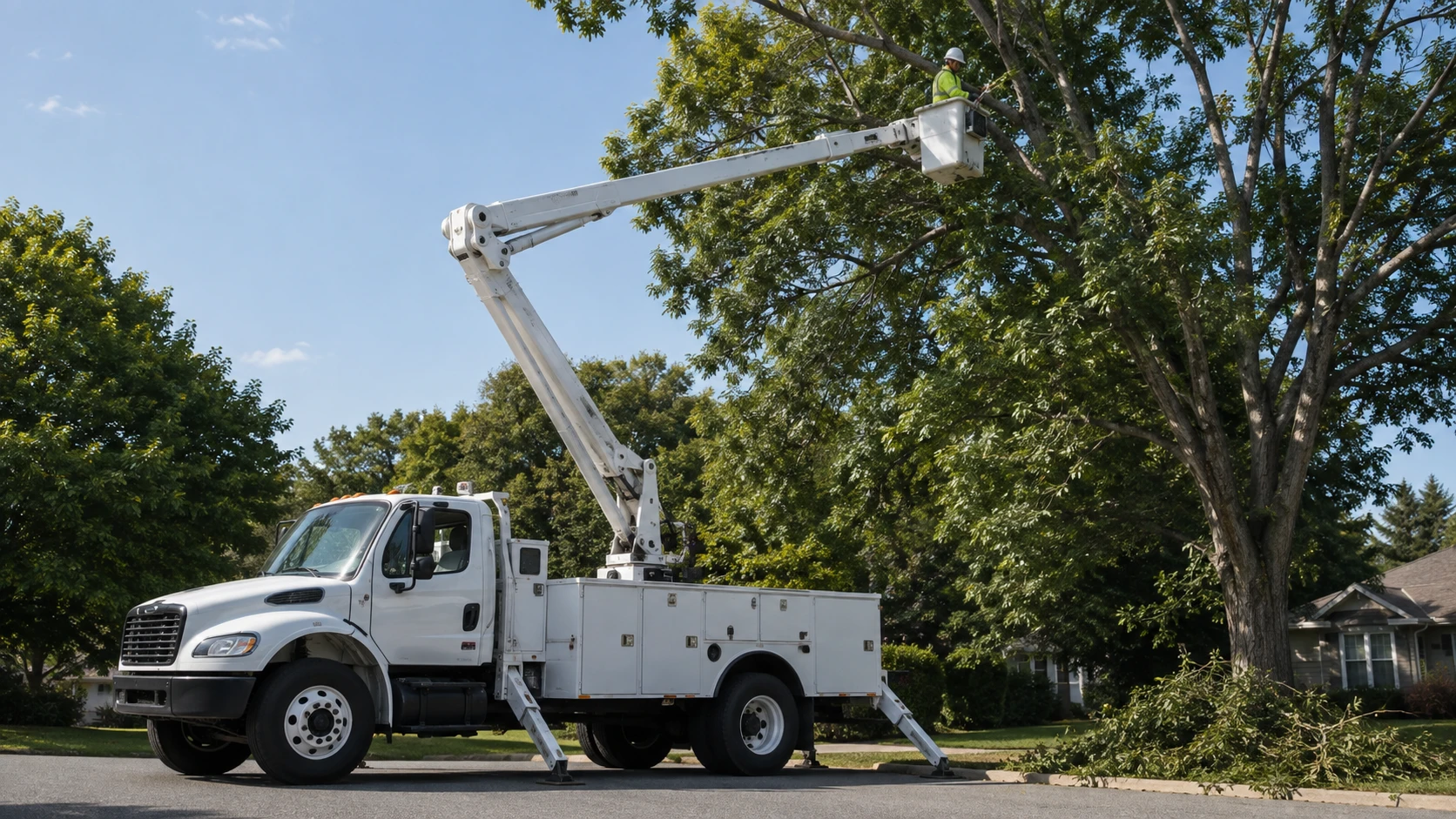 A bucket truck lifts an arborist in a hard hat up into a mature tree to trim branches on a quiet residential street